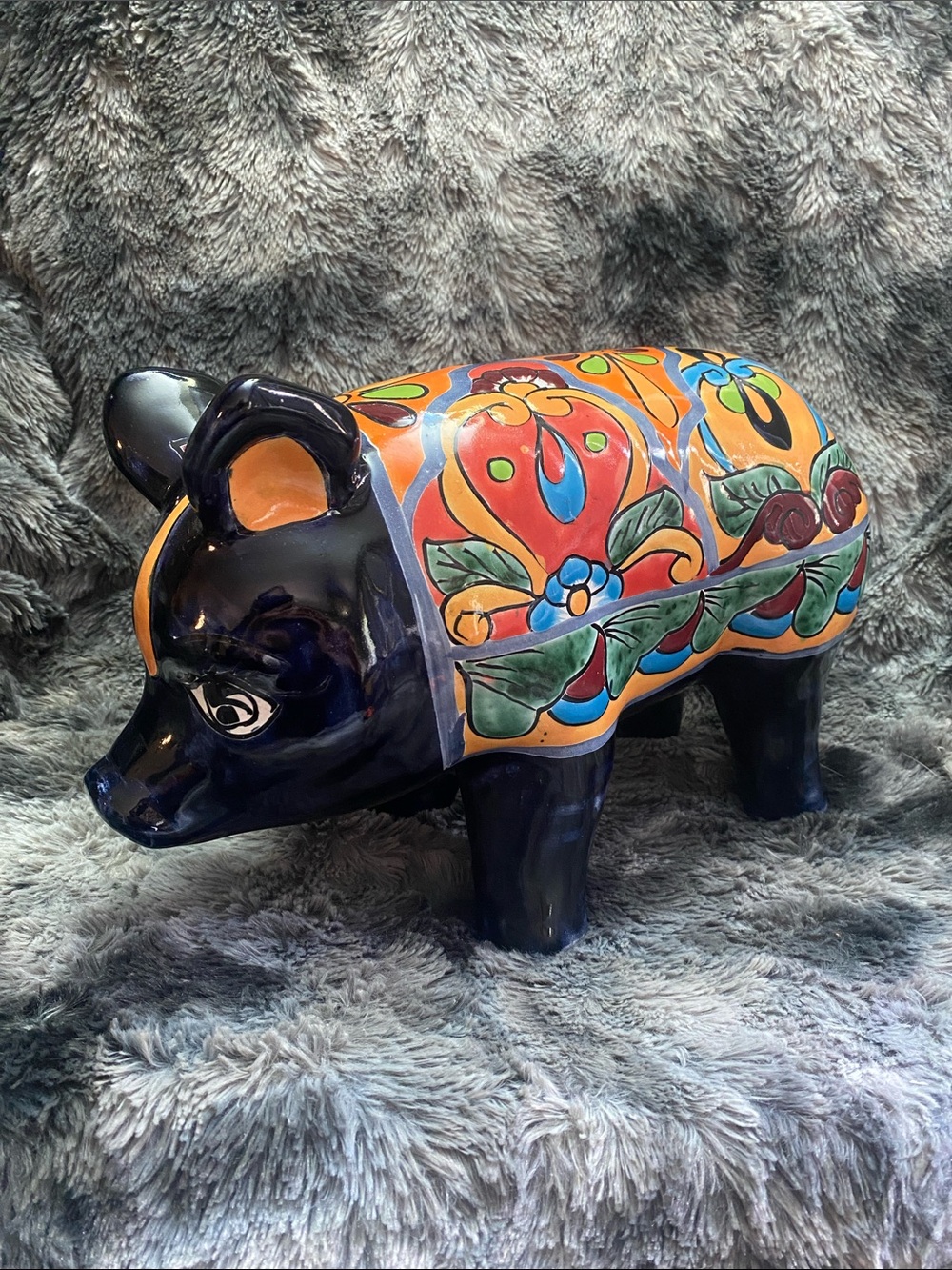 Mexican Folk Art Talavera Pig Figure
Pottery Animal Blue Floral
HandPainted